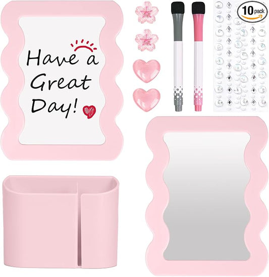 SKYDUE Locker Accessories Kit for Girls - Includes Magnetic Mirror, Whiteboard, Pen Holder, Magnets and Stickers, Pink Locker Decor & Organizer Set, Back to School Supplies, Basic Set 10 Piece