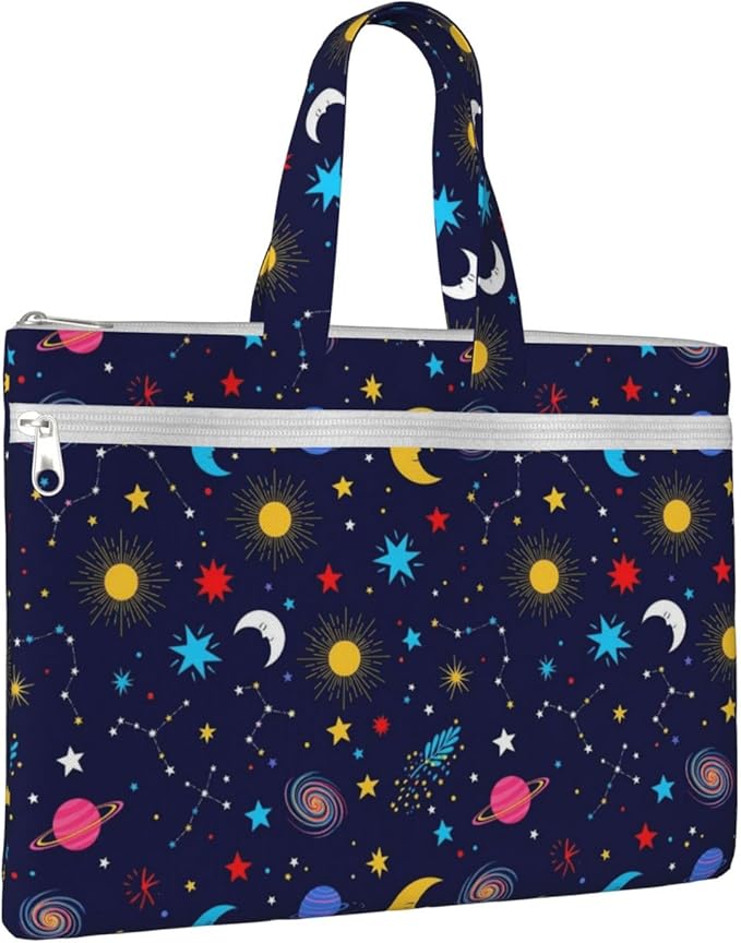 Foldable Canvas Document Storage Bag Space Galaxy Constellation Zodiac Starry Night Stars, Zippered Waterproof File Pouch with Handle for Office Cross Stitch