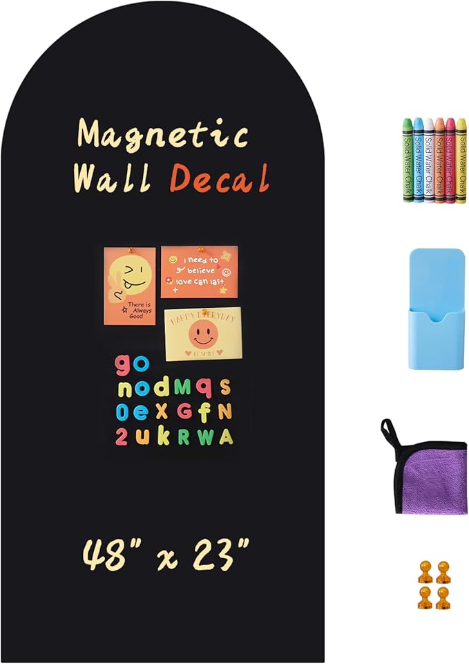Arch Magnetic Wall Decal 48" x 23", Magnet Chalkboard for Wall, Magnetic Chalk Board Sticker, Chalk Wallpaper Peel and Stick for Playroom Classroom with Chalks, Wiping Cloth (Black)