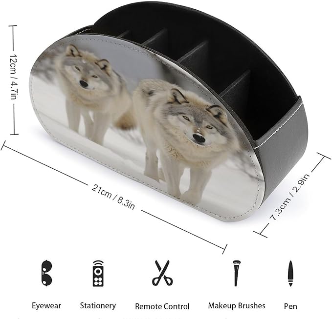 Remote Control Holder,Two Wolves Walking in The Snow Printed PU Leather Remote Caddy Desktop Organizer with 5 Compartments for Media Accessories & Office Supplies Storage