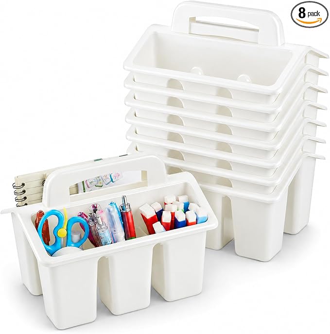 gisgfim 8 Pack Classroom Caddy Storage Basket with Handle 4 Compartment Storage Caddy Plastic Arts Crafts Caddies Protable Classroom Craft Caddies for Kids Schools Art Craft Supplies(White)