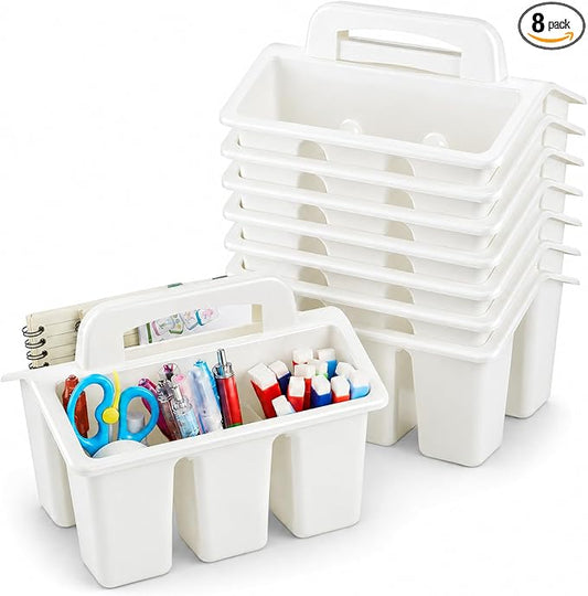 gisgfim 8 Pack Classroom Caddy Storage Basket with Handle 4 Compartment Storage Caddy Plastic Arts Crafts Caddies Protable Classroom Craft Caddies for Kids Schools Art Craft Supplies(White)
