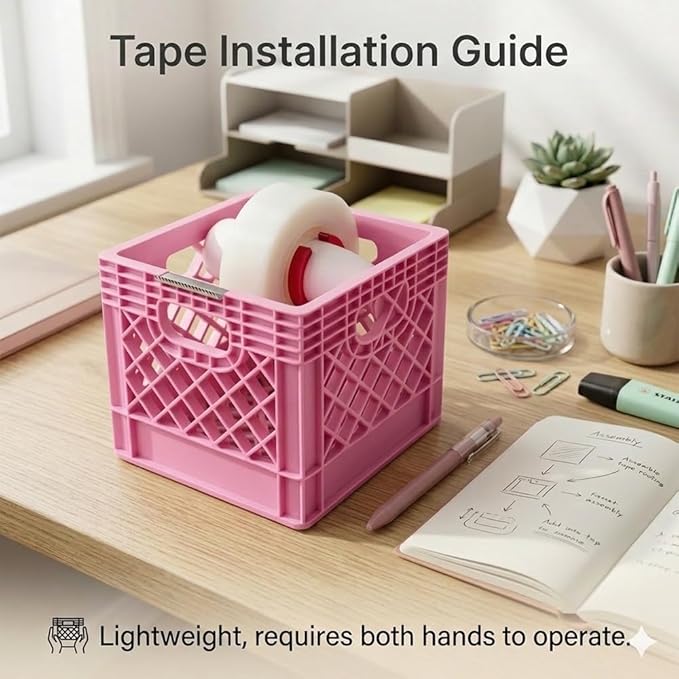 Mini Milk Crate Tape Dispenser - Cute Desk Accessories - Fun Office Supplies- Unique Unusual Desktop Organizer - Useful Novelty Practical Coworker Gag Gifts Vintage Decor Accents (Pink)
