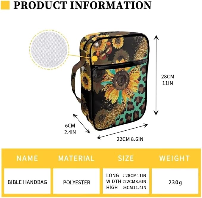 Coldinair Leopard Print Bible Covers for Women Sunflower Carrying Book Bible Case Church Bag Bible Protective with Handle & Zippered Pocket