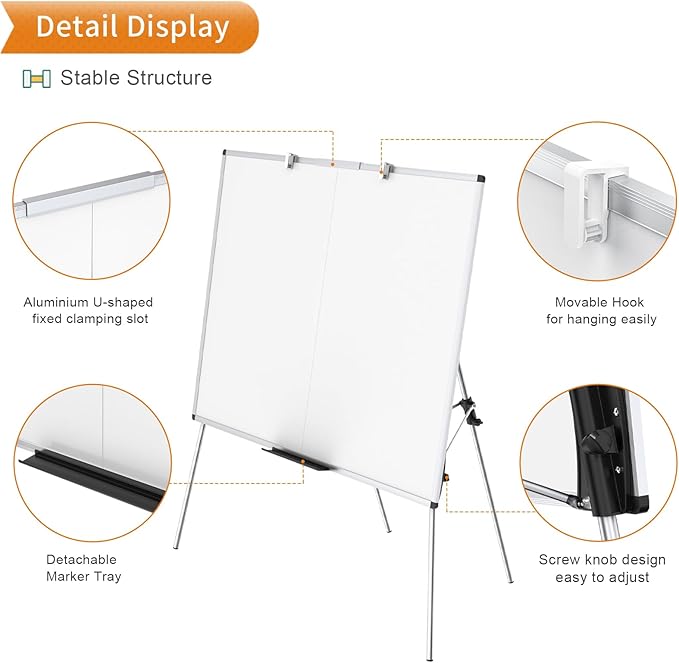 VIZ-PRO Magnetic Whiteboard Easel, 48 x 36 Inches, Portable Foldable Dry Erase Board Height Adjustable for School Office Home