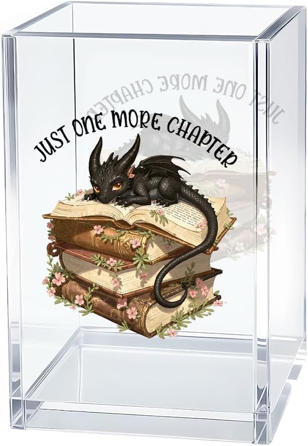 Just One More Chapter Acrylic Pen Holder Cosmetic Organizer, Retro Dragon Book Pen Pencil Holders for Desk, Bookmark Holder for Bookshelf, Bookish Gifts for Librarian Bookworm Reader Teacher