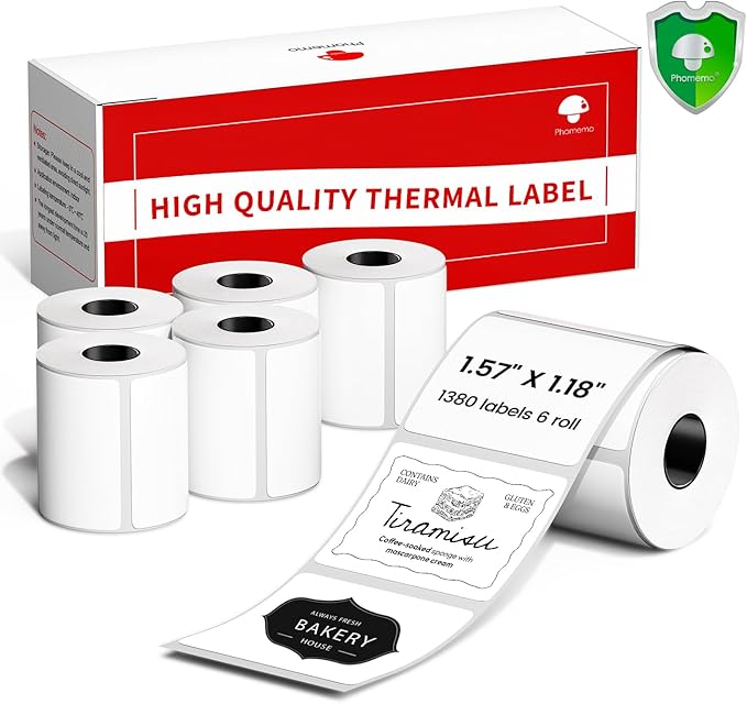Phomemo Labels M110-1380 Pcs 1.57"x1.18" (40mm x 30mm) Thermal Labels- for M110/M220/M100/M221/M250/M260 Label Printer,for Barcode/Address/Mailing/Logo/Business/Home, Black On White