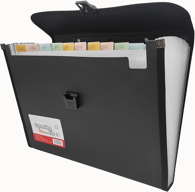 Expanding File Folder with Labels, 13 Pocket Accordion File Organizer, Letter A4 Paper Document Accordion Folder, 1 Pack (Black)
