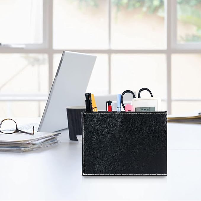 reamsEden PU Leather Pen Holder Cup, 2-Slot Vintage Square Desk Organizer for Office Supplies, Makeup Brushes, Remote Control, Black