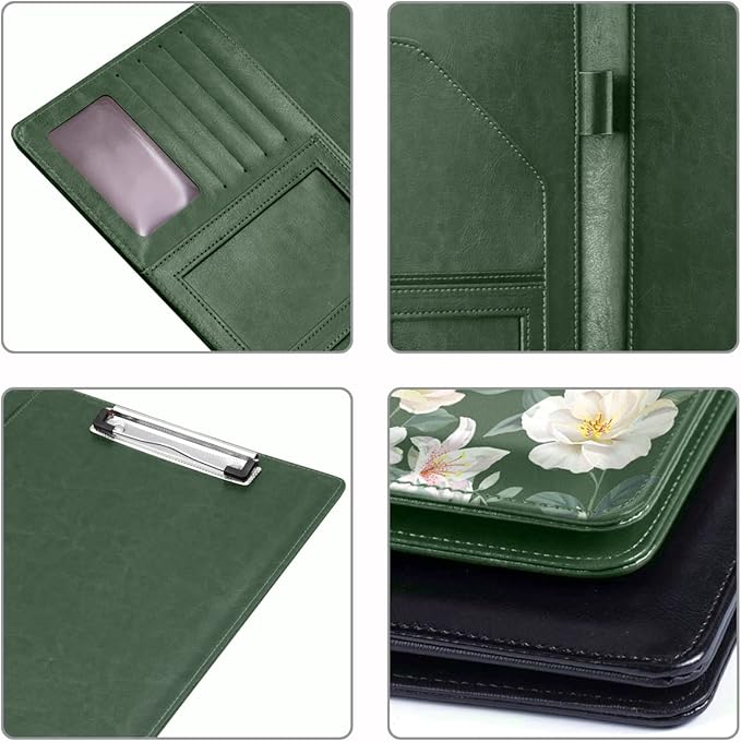 WAVEYU Portfolio Case for Women, Padfolio Cover for Girls, Conference/Resume/Legal Document Organizer with Letter/A4 Size Clipboard Hardboard, Business Card Holders, Green Flower