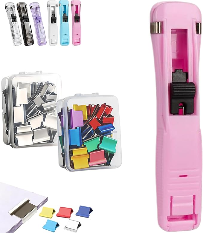 Portable Binder Clip Stapler - Includes 100 Reusable Clips, No Staples, No Holes,Push Clip Paper Clam Dispenser, Reusable Desktop Stapler for Document Home School (1-E)