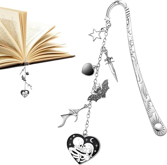 Gothic Metal Bookmark Gifts - Silver Dark Romance Bookmarks for Women Men Book Lovers Skull Sword Charm Pandent Page Marks Merch School Reading Accessories Bookish Birthday Graduation Gift