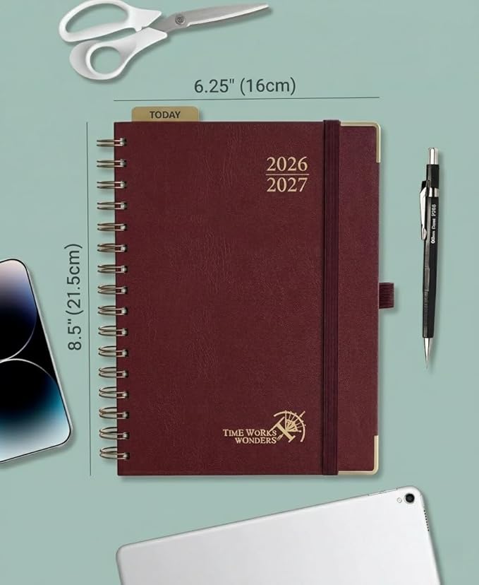 POPRUN 2026-2027 Academic Year Weekly and Monthly Planner Calendar,Jul 2026 - Jun 2027，6.25" x 8.5",Daily Agenda Book & Appointment Book with Hourly Schedule, Tabs, Hardcover, School and Office Supplies - Burgundy