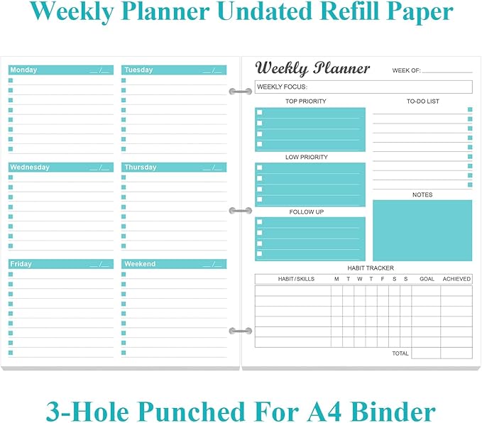 3-Hole Weekly Planner Refills - 53 Sheets/106 Pages Weekly Planner for 3 Ring Binders, 100 gsm White Paper, Lasts 1 Year, Undated, 8.5'' x 11'', Teal