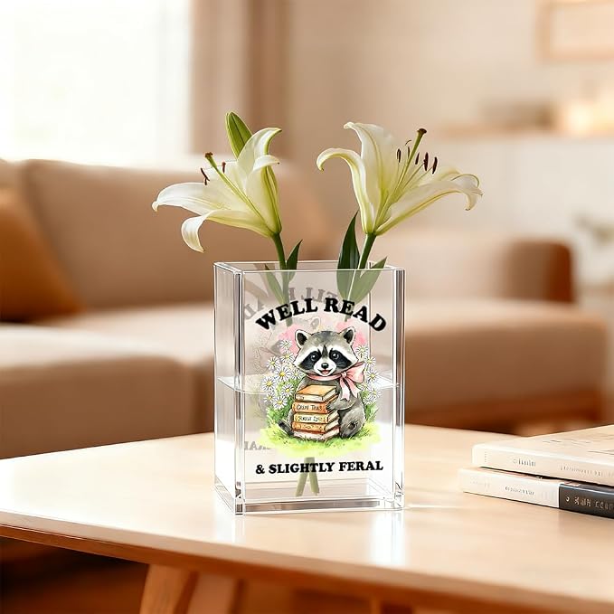 Well Read Slightly Feral Acrylic Pen Holder Cosmetic Organizer, Raccoon Book Pen Cup for Desk, Pencil Holder for Librarian Book Club, Bookish Gifts for Raccoon Lover, Reading Nook Accessories