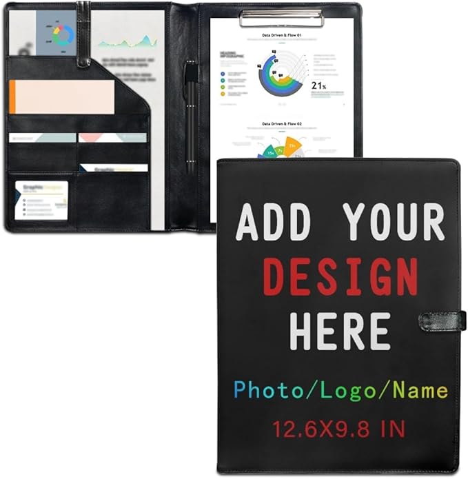 Personalized Padfolio Clipboard Folder Add Your Own Logo Text Text, Custom Leather Portfolio for Men Women with A4 Size Clip Board, Black