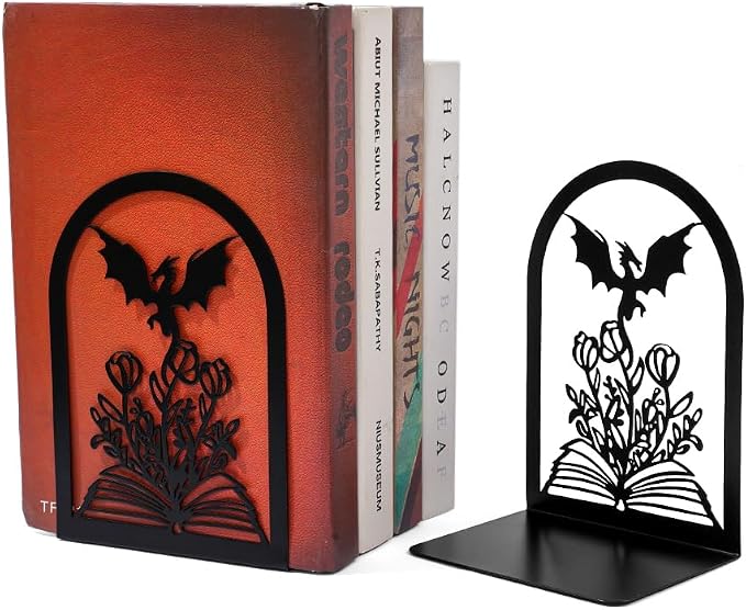 Book Ends, Bookends, Book Ends for Shelves, 1 Pair Non Skid Metal Book Divider Decorative Holder, Abstract Art Desgin Book Stopper Supports for Office, Home (Dragon A)