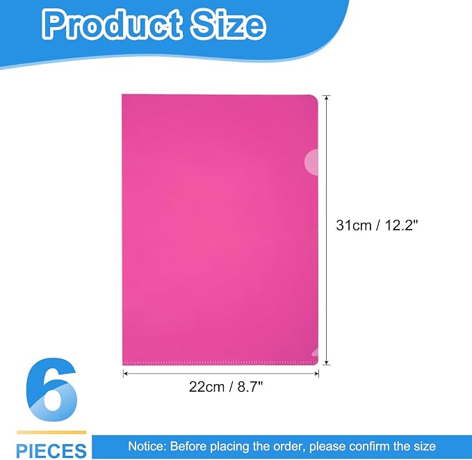 PATIKIL 6 Pack A4 Plastic Folders, Letter Size Clear Folders l Type Project Pockets Paper Document Jacket Sleeves Transparent for Documents Office File, 8.7x12.2, Pink