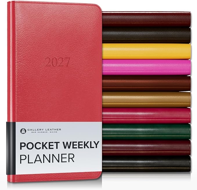 Gallery Leather Pocket Weekly Monthly Planner 2027, Elegantly Bound Calendar Planner and Notebook with Stylish Gold-Gilded Page Edges, 12 Months - Caribbean Red - 6x3.25"
