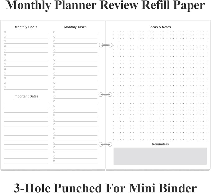 Half Letter Size Monthly Planner Refills for 3 Ring Mini Binders - 53 Sheets/106 Pages Undated Colorful Monthly Planner, 3-Hole Punched, 100 gsm White Paper, Lasts 2 Year, Undated, 5.8" x 8.3"