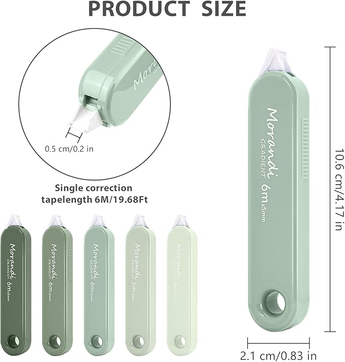 5-Piece Correction Tapes, Aesthetic Cute White Pull Out Tape, Quick Dry, Instant Correct, Easy to Use for School Office Supplies (Green)