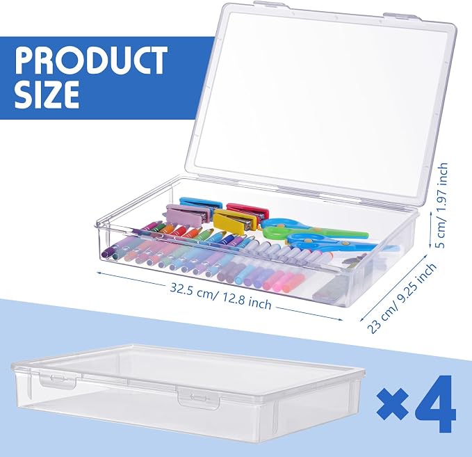 Wesiti 4 Pcs A4 Scrapbook Paper Storage Box Arts Craft Organizers Storage for 8.5 x 11 Inch Letter Paper Photo Picture Storage Plastic Storage Box Documents Magazines Holder, 12.8 x 9.25 x 1.97 Inch