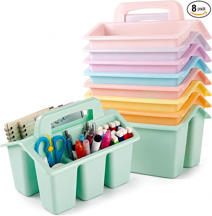 8 Pack Classroom Caddy Storage Basket with Handle 4 Compartment Storage Caddy Plastic Arts Crafts Caddies Protable Classroom Craft Caddies for Kids Schools Art Craft Supplies(Pastel)