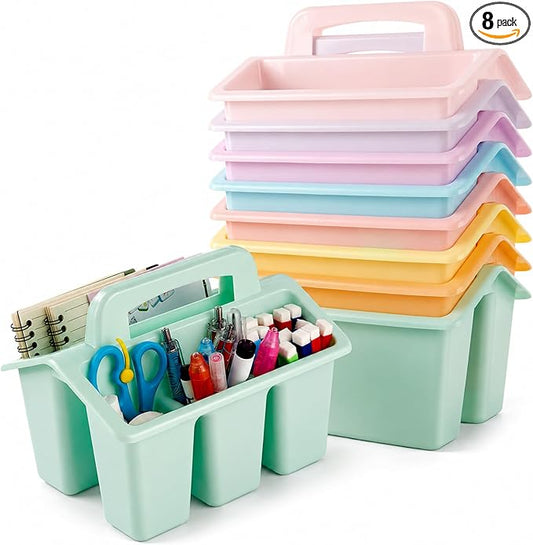 8 Pack Classroom Caddy Storage Basket with Handle 4 Compartment Storage Caddy Plastic Arts Crafts Caddies Protable Classroom Craft Caddies for Kids Schools Art Craft Supplies(Pastel)