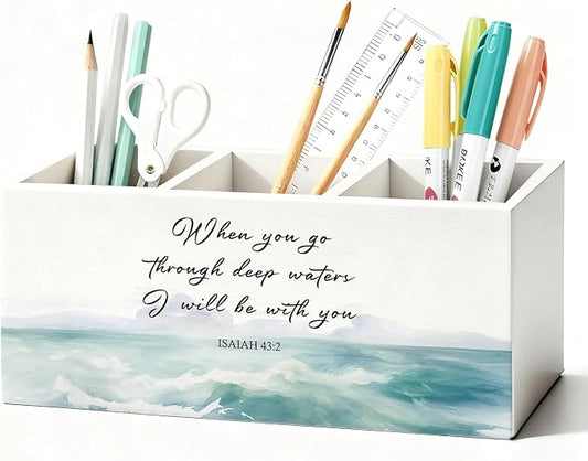 Christian Pen Holder, Christian Gifts for Women Pencil Holder for Desk, Beach Office Decor, Religious Bible Verse Coastal Ocean Wooden Box Sign Decorations for Home Office Desk Tabletop