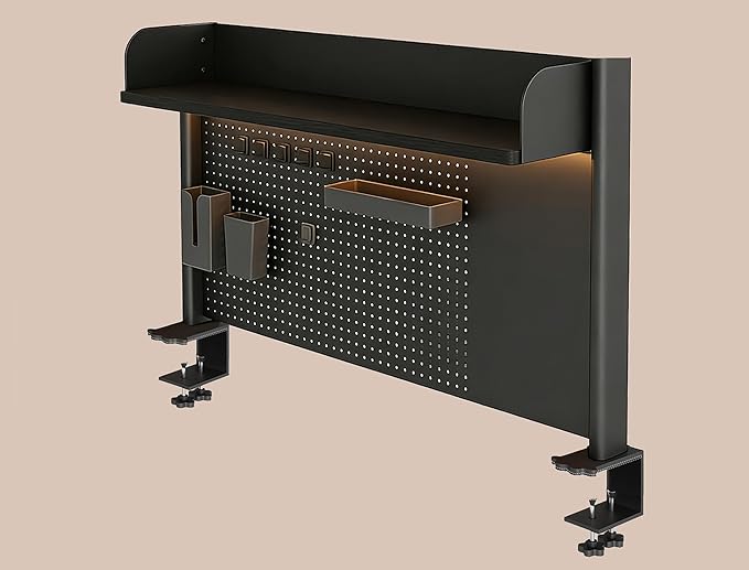 23.6 Inch Clip-on Desktop Organizer Bookshelf with Pegboard, Desk Shelf Organizer, Multipurpose Computer Desk Desktop Bookshelf, Desk Extender Pegboard Clamp, Desktop Display (Black)