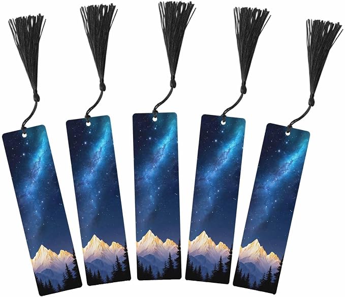 Starry Night Bookmarks 5 Pcs Sparkling Stars Mountain Tree Space Wooden Bookmark with Tassels for Reading Book Lovers Gift Office School Readers Teacher