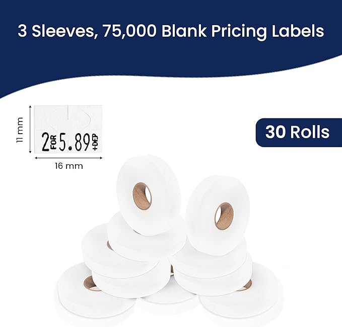 Perco White Pricing Labels for Monarch 1130 Pricing Gun, 3 Sleeves - 75,000 Price Gun Labels with Bonus Ink Rolls