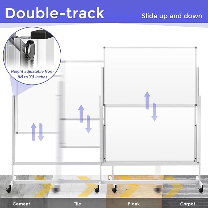 MAKELLO Rolling Whiteboard 60"x48", Large Magnetic Mobile White Board on Wheels, Double-Sided Dry Erase Board for Home Office School, Height Adjustable, 5'x4'
