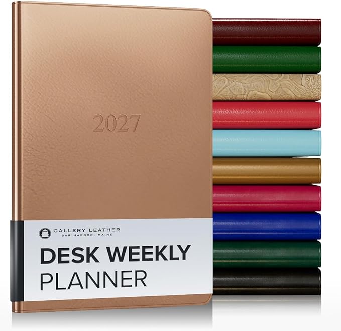 Gallery Leather Desk Weekly Monthly Planner 2027, Elegantly Bound Calendar Planner and Notebook with Stylish Gold-Gilded Page Edges, 12 Months - Freeport Metallic Rose Gold - 8x5.5"