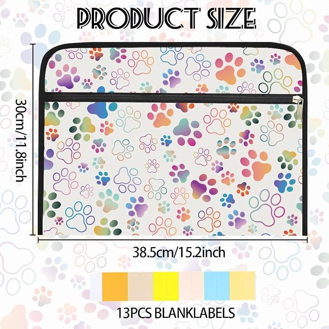 WEBEEDY Colorful Paw Prints Expanding File Folder 13 Pockets Cute Accordion File Organizer with Labels and Zipper, Portable Accordion Folder Paperwork Organiser for A4 Paper Document Photo Receipt
