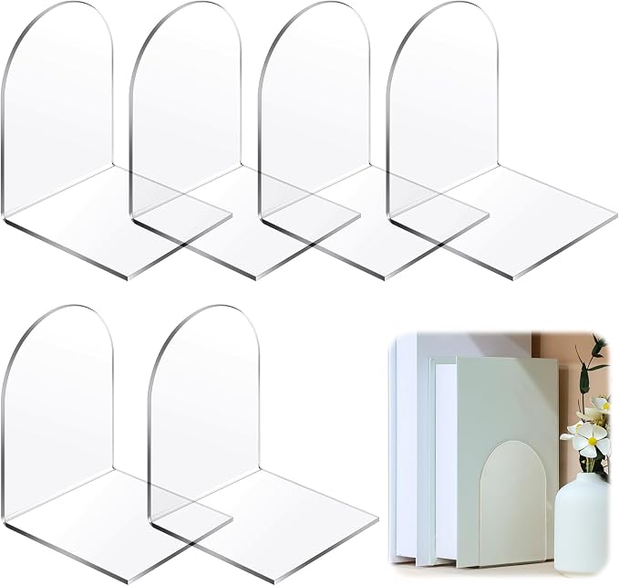 Leinuosen 6 Pcs Acrylic Clear Book Ends with Silicone Pad Non Skid Book Holders Arch Shape Heavy Duty Bookends Stoppers for Movies, CDs, Video Games (Clear)