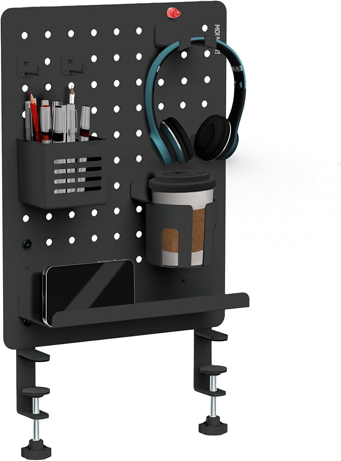 Mount-It! Clamp-On Desk Pegboard Organizer, Magnetic Metal Peg Board with 7 Accessories, 16.5" x 15.9", Vertical or Horizontal, No-Drill Desktop Storage for Home Office, Gaming & Crafting, Black