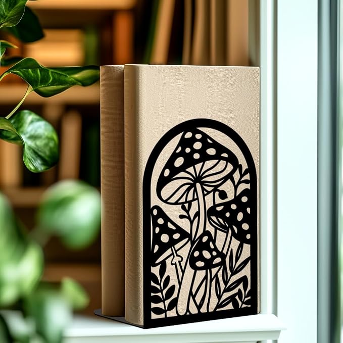 Mushroom Book Ends Design, Metal Bookends for Decorative Books, Heavy Duty Bookends for Shelves, 3.5"x4.7"x7.1" Book Stopper for Home Office School Bookshelf Decor