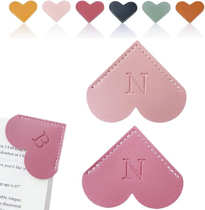 Personalized Leather Heart Bookmark, 26 Letters Customized Corner Book Mark for Reading Women, Book Marker with Initials，Cute Gifts (Light Pink+Deep Pink, N)
