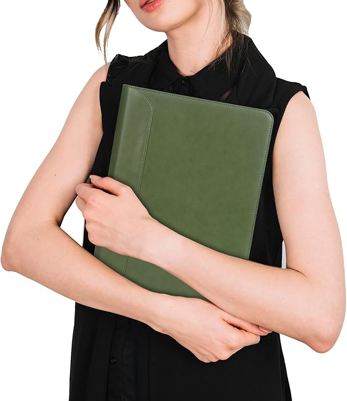 AZXCG Leather Binder Portfolio, Zippered 3 Ring Binder Padfolio, Vegan Leather Resume Portfolio, Business Document Organizer Folder for A4 Legal Pads, Gift for Women/Men, Green