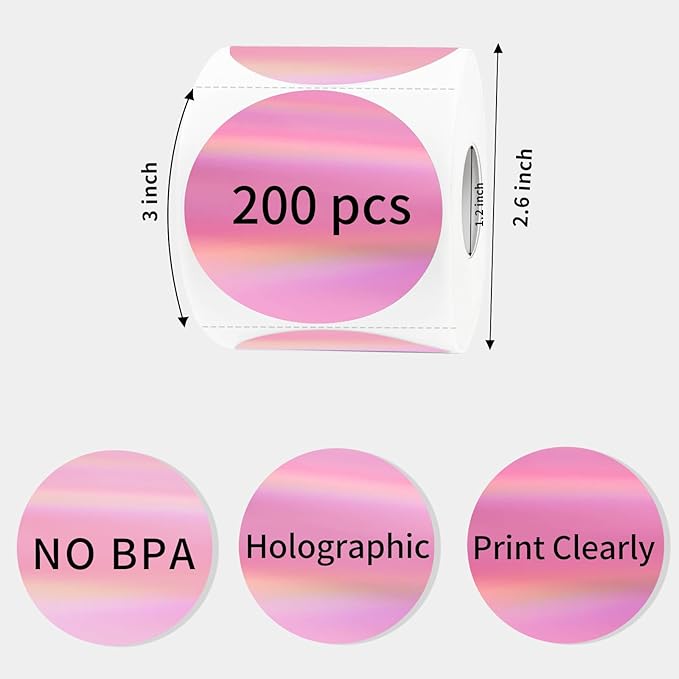 Thermal Label Printer Stickers, 3 Inch Round Holographic Thermal Label Sticker, Circle Holographic Direct Printer Stickers, Perforation Line Design/Pink Gradient