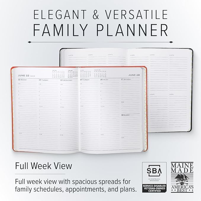 Gallery Leather Family Planner 2025-2026, for moms, Elegantly Bound Calendar Planner and Notebook with Stylish White Page Edges, 18 Months - Acadia Malibu - 9 x 7 "