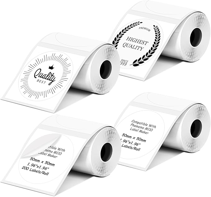 Round Circle Thermal Label Compatible with Phomemo M100/M110/M150/M221/M220/M120/M200/M250 Label Printer,1.96" x 1.96"（50x50 mm, 200 Labels/Roll, Black on White,4 Rolls