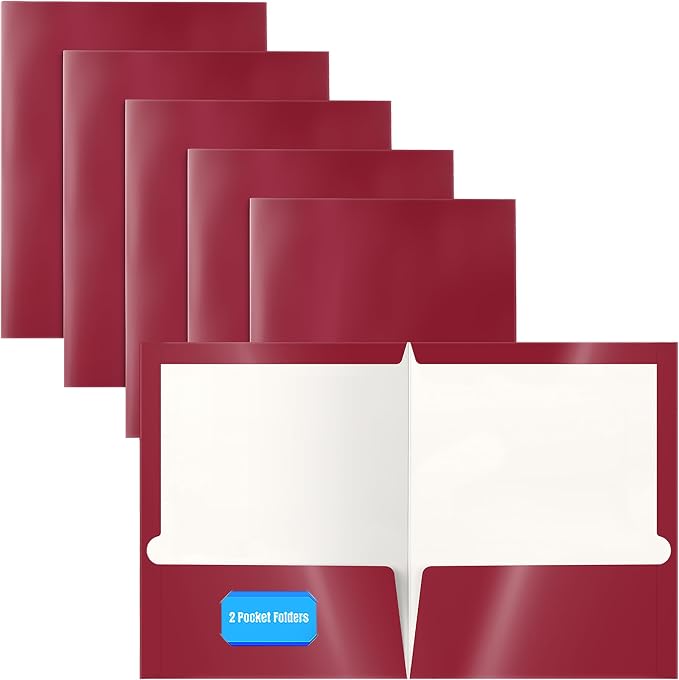 Better Office Products 2 Pocket Glossy Laminated Burgundy Red Paper Folders, Box of 25, Letter Size, Burgundy Red Paper Portfolios