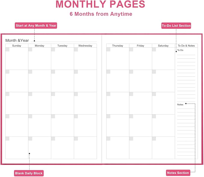 Daily & Monthly Planner for 2026 or Anytime - ADHD Planner Two Pages Per Day, Daily Planner Undated to Increase Focus, Eliminate Overwhelm, Achieve Your Biggest Goals, 8.5'' × 11'', Pink