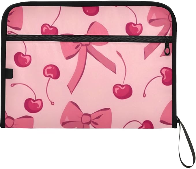Expanding File Folder Pink Bow Cherry Accordion File Organizer 13 Pockets Document Organizer with Zipper Labels A4 Letter Office Storage