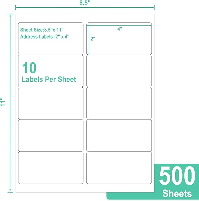 L LIKED 2" x 4" Label Stickers, Printable White 500 Sheets for Laser/Inkjet Printing - Matte White, 10 per Sheets (5000 PCS Labels)