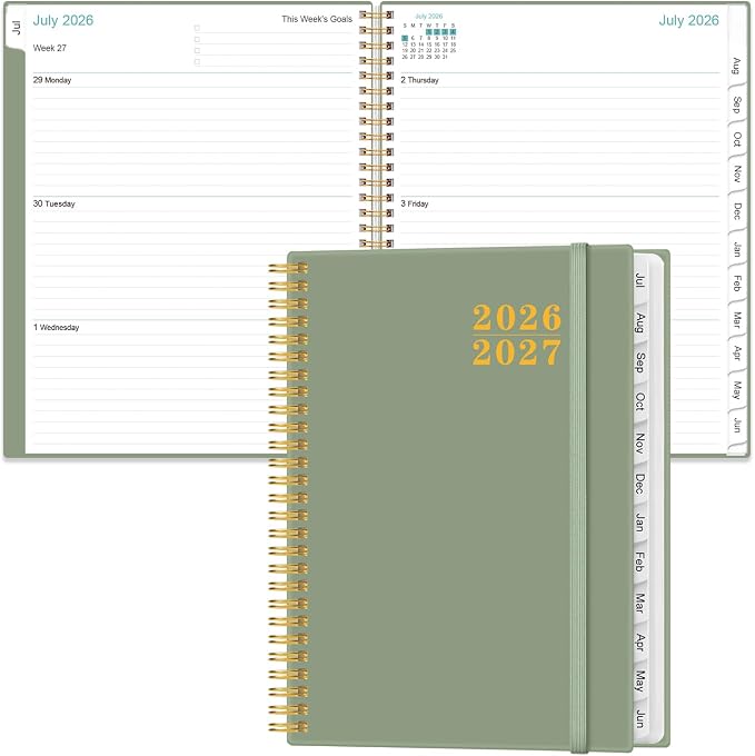 Planner 2026-2027 For Women & Men - Monthly and Weekly Calendar Planner from July 2026 - June 2027, Student Planning with 12 Tabs for Office School Supplies, Inner Pocket, 8.5" x 11", Green