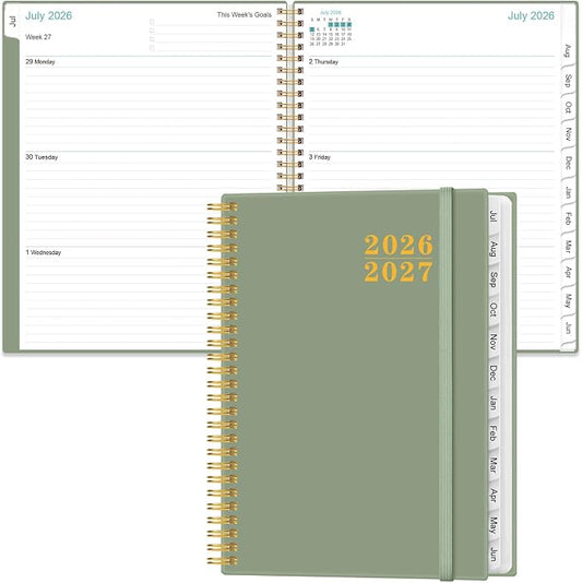 Planner 2026-2027 For Women & Men - Monthly and Weekly Calendar Planner from July 2026 - June 2027, Student Planning with 12 Tabs for Office School Supplies, Inner Pocket, 8.5" x 11", Green
