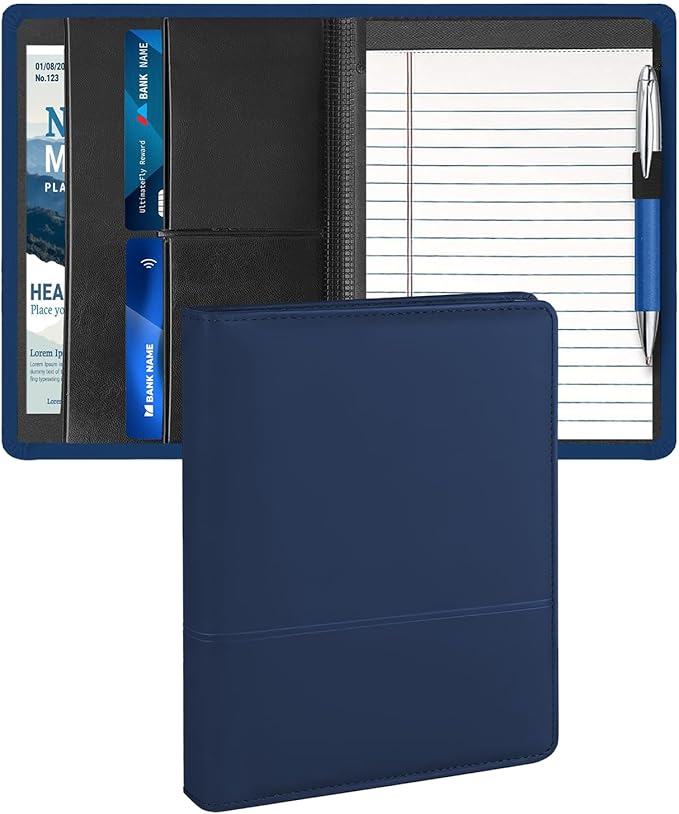 Padfolio Binder A5 Document Organizer with Refillable Lined Notepad, Junior Size Folder Portfolio for Men Women,Navy Blue.